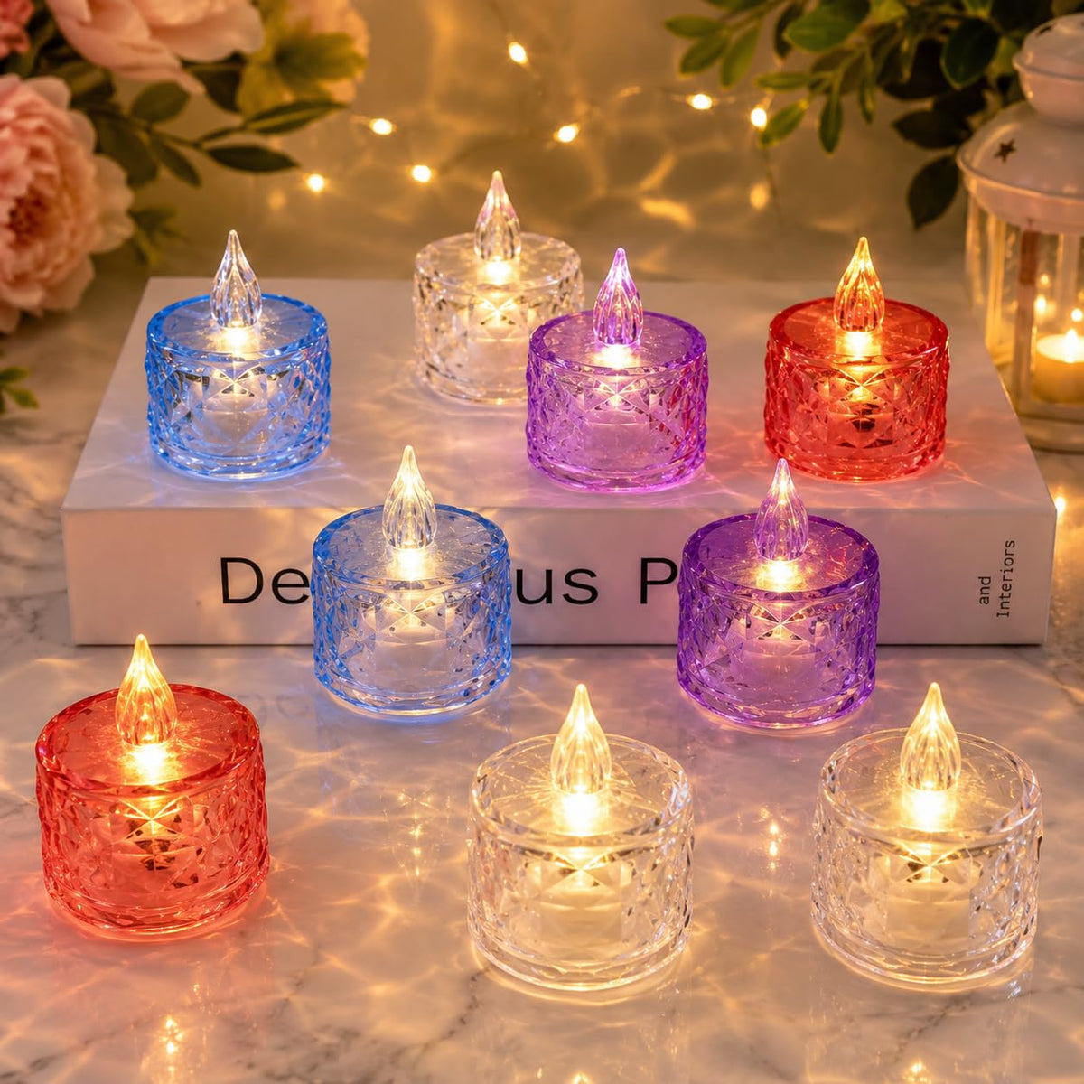 LED Acrylic Crystal Tea Light Candles Warm Flickering Flame (Pack of 4)