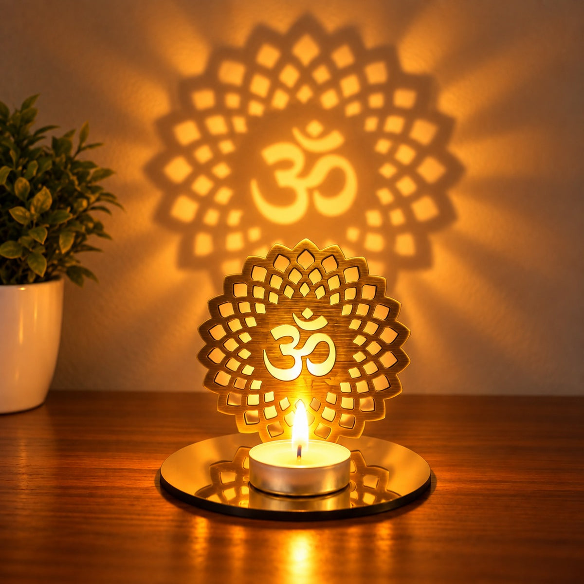 New 3D Reflective Shadow Candle Wooden Holder Diya