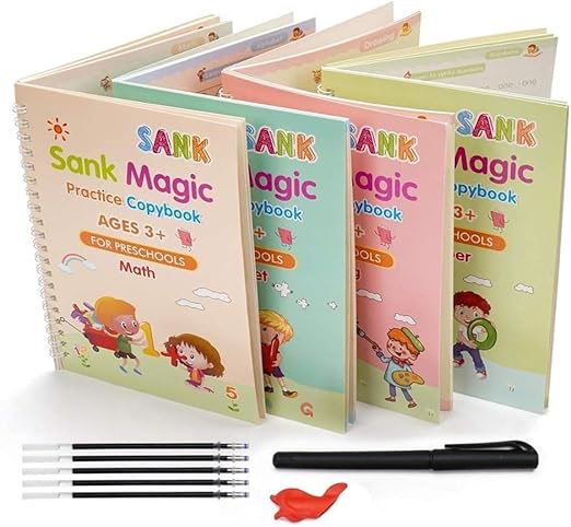 Magic Book for Kids, Sank Magic Practice Copybook(4 Book+10 Refill+1 Pen+1 Grip)